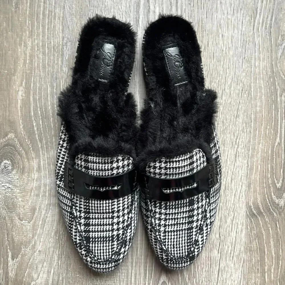 J.Crew Academy Loafer Mule with Faux Fur Lining Black/ Ivory Plaid Fabric